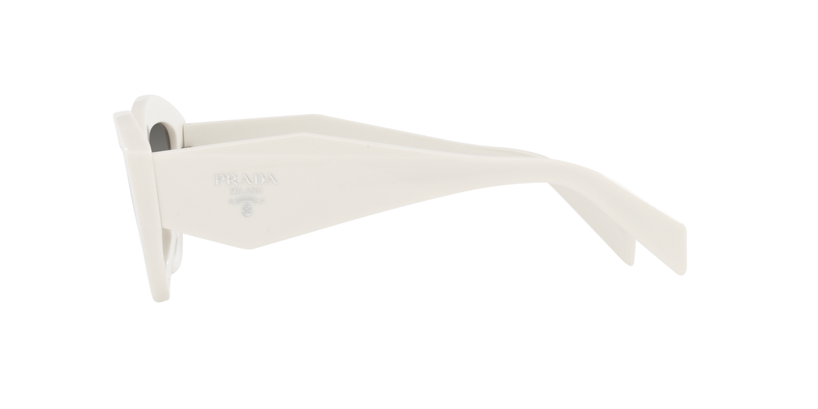 Das Bild zeigt die rechteckige Sonnenbrille PR 07YS 142130 für Damen von der Marke Prada in weiß seitlich