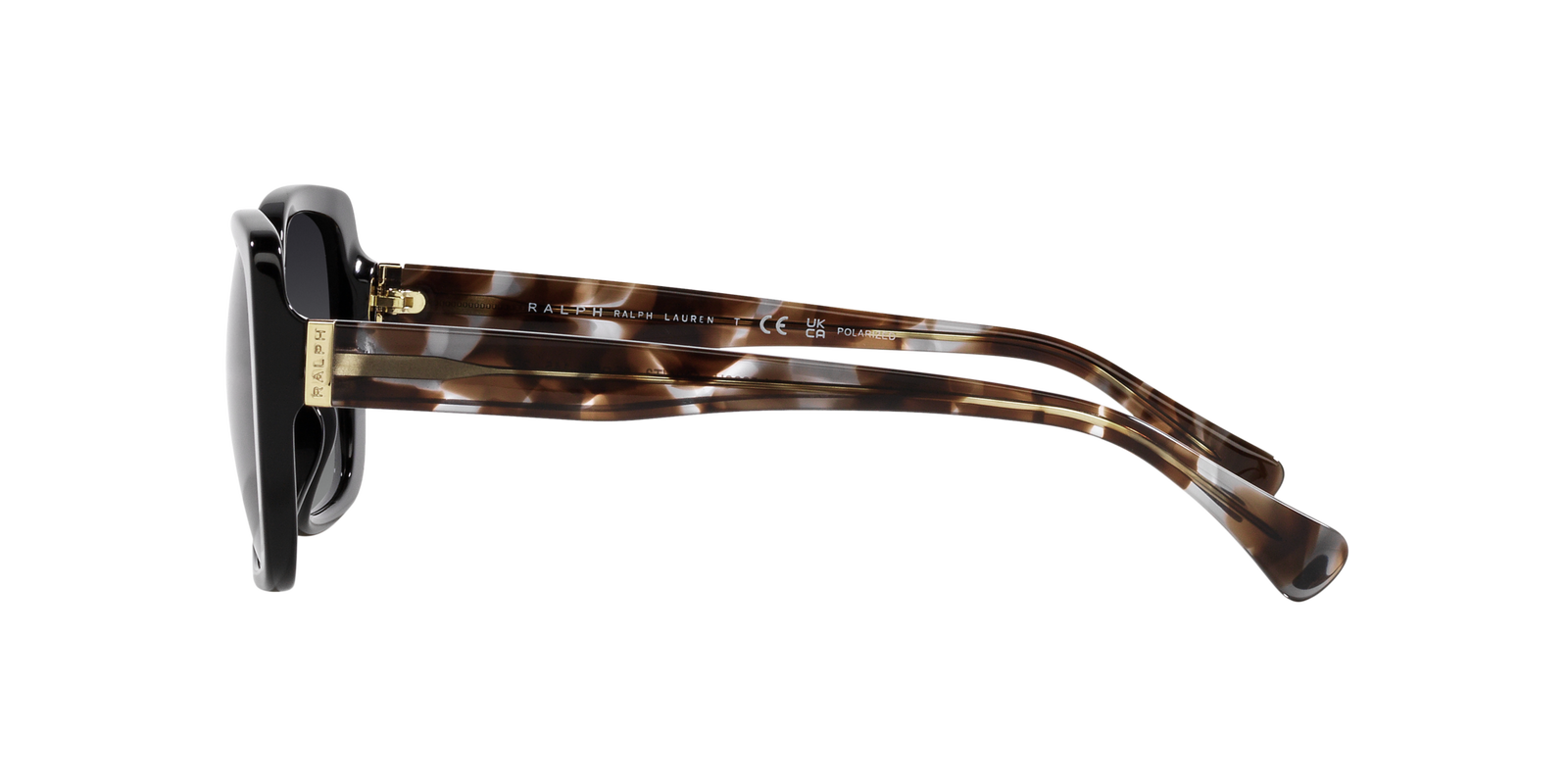 Das Bild zeigt die rechteckige Sonnenbrille RA5298U 5001T3 für Damen von der Marke Ralph Lauren in schwarz grau seitlich