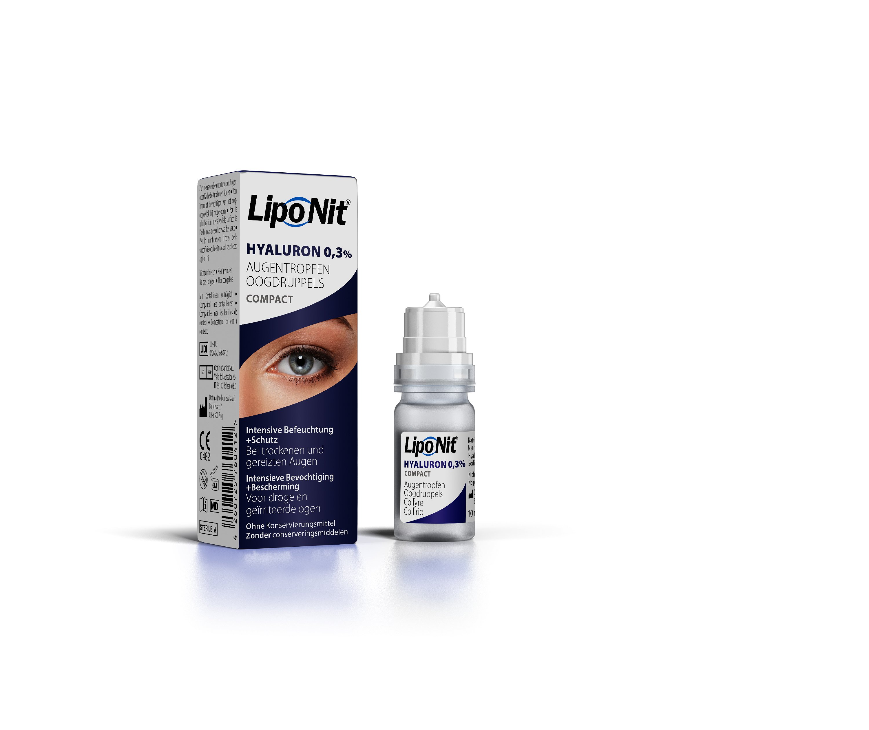 Das Bild zeigt das Pflegemittel LipoNit Augentropfen von Optima.