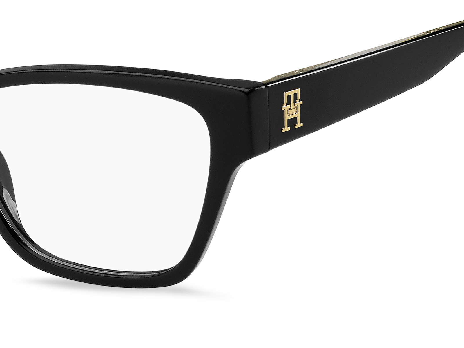 Das Bild zeigt die Cat-Eye-Brille TH2000 807 53 für Damen von der Marke Tommy Hilfiger in schwarz gold seitlich
