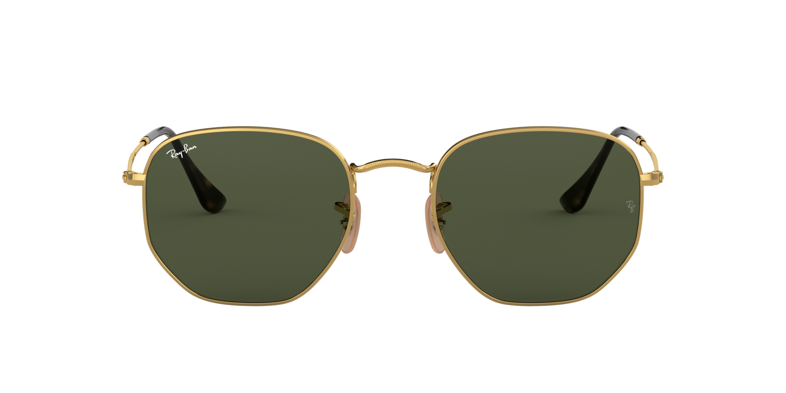 Das Bild zeigt die ovale Sonnenbrille RB3548N 001 54 für Damen von der Marke Ray-Ban in gold mit grünen Gläsern von vorne
