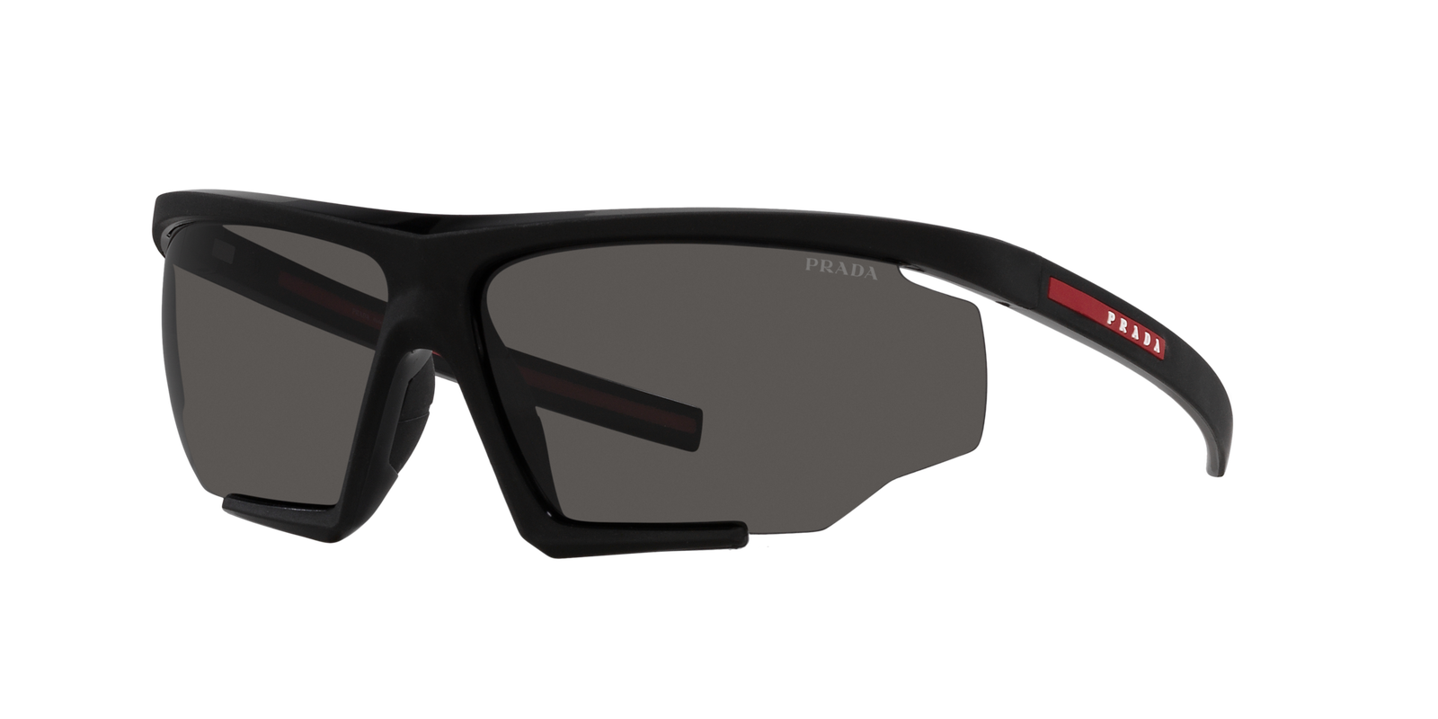 Das Bild zeigt die rechteckige Sonnenbrille Prada Linea Rossa PS 07YS DG006F 76 für Herren von der Marke Prada Linea Rossa in matt schwarz seitlich