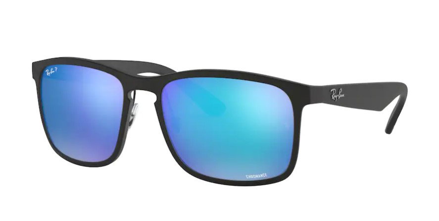 Das Bild zeigt die rechteckige Sonnenbrille RB4264 601SA1 für Herren von der Marke Ray-Ban in schwarz mit blauen verspiegelten Gläsern von vorne
