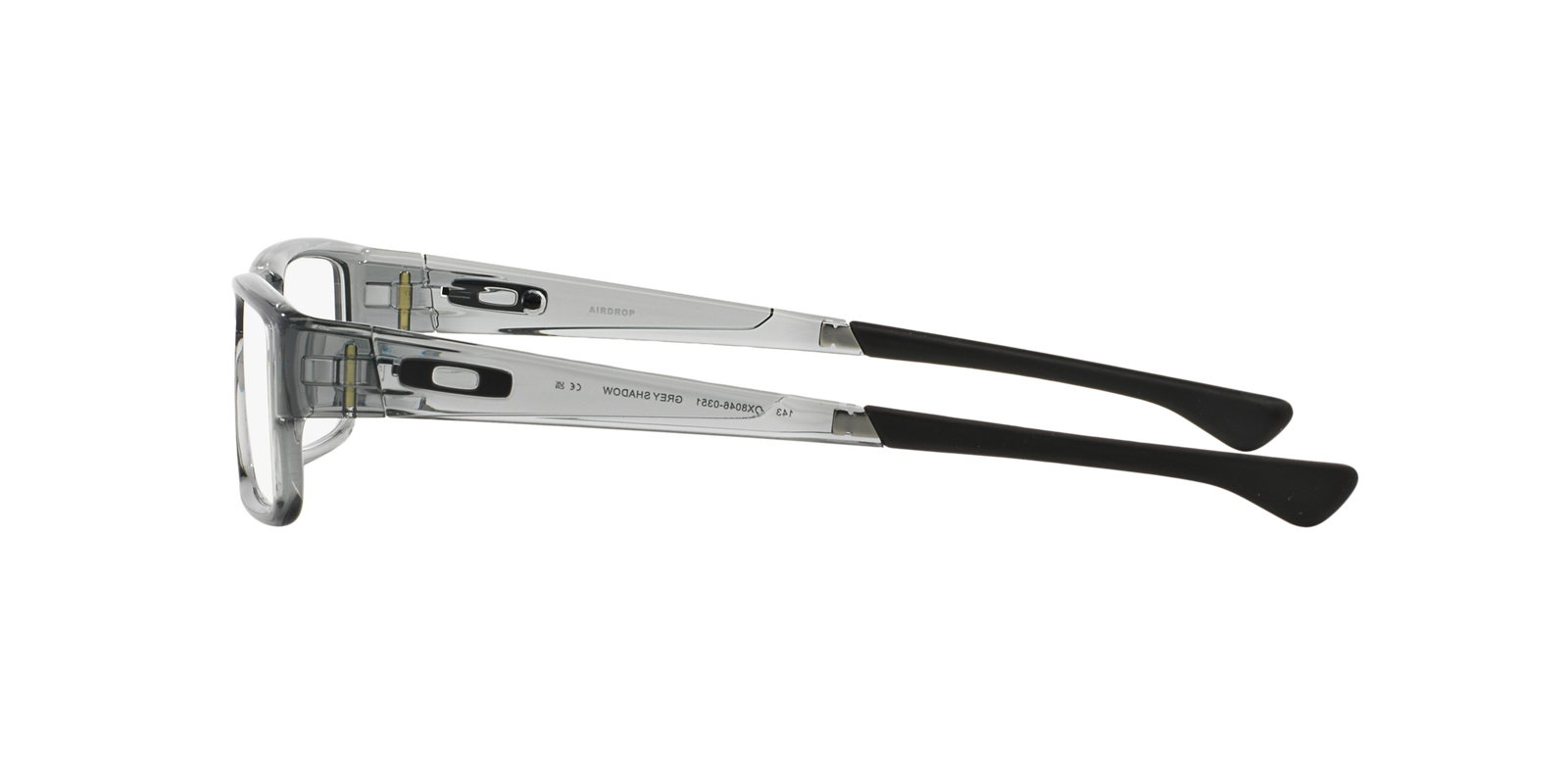 Das Bild zeigt die rechteckige Brille OX8046 804603 für Herren von der Marke Oakley in grau transparent von rechts