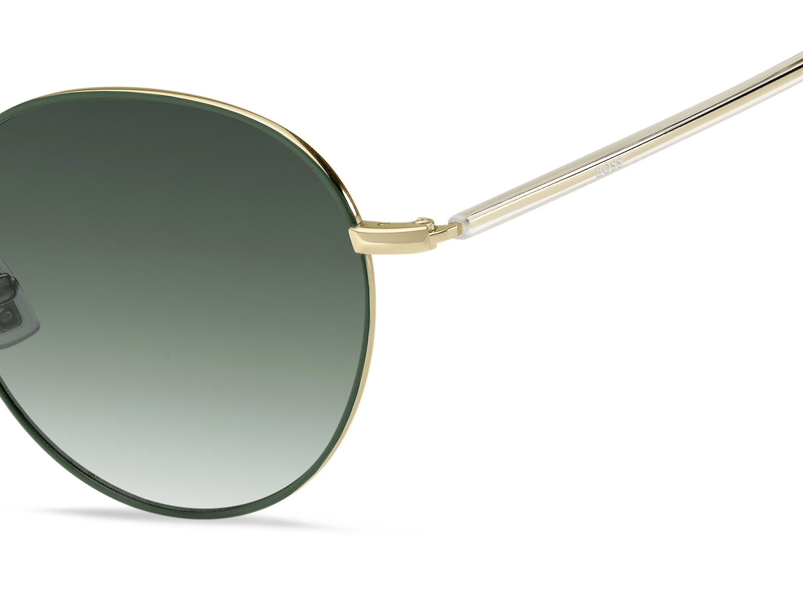 Das Bild zeigt die schmale runde Sonnenbrille Boss 1395/S PEF für Damen von der Marke Boss in gold mit grünen Gläsern von rechts