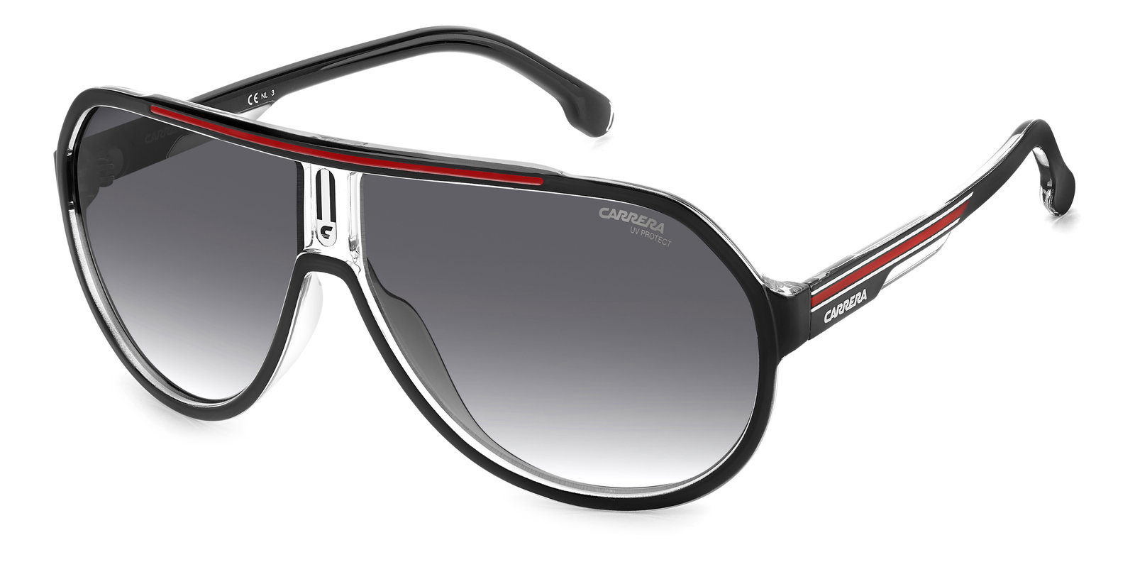 Das Bild zeigt die Pilotensonnenbrille Carrera 1057/S für Herren in schwarz rot schräg