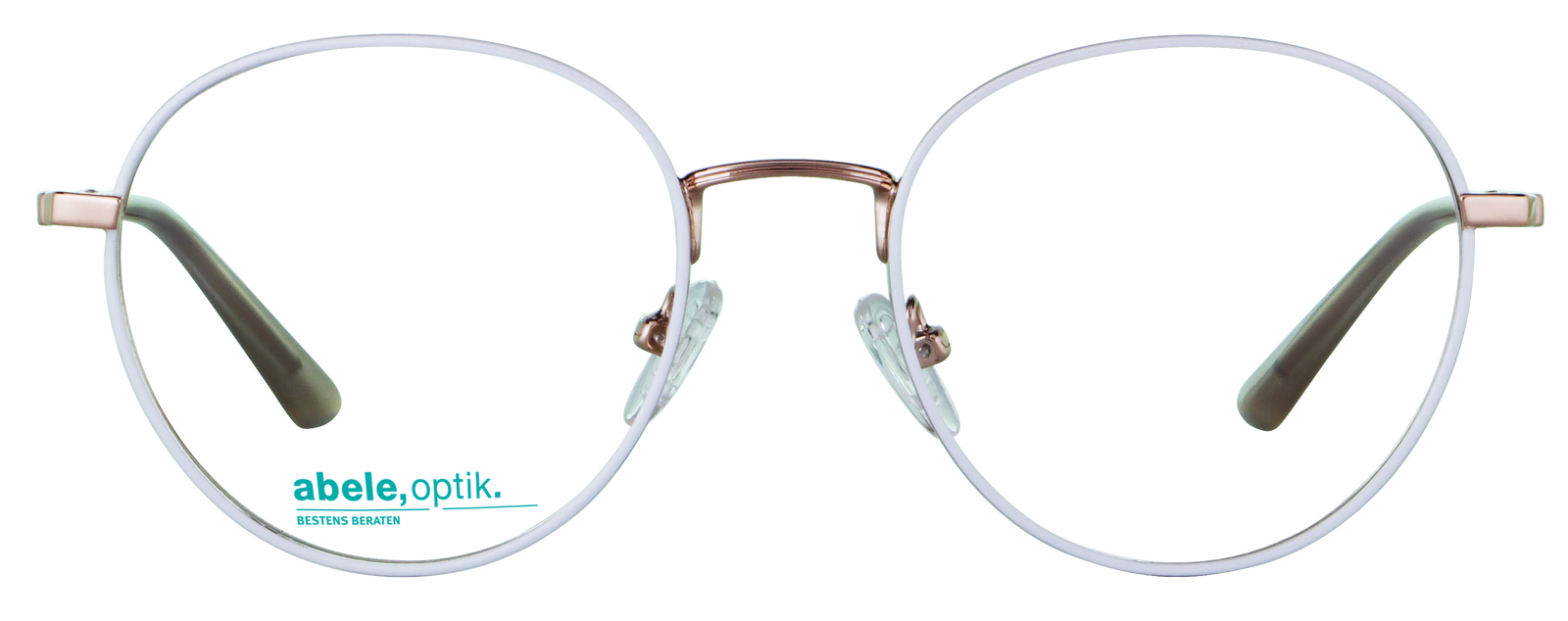 Das Bild zeigt die runde Brille 144501 für Damen von der Marke Abele Optik in beige weiß von vorne