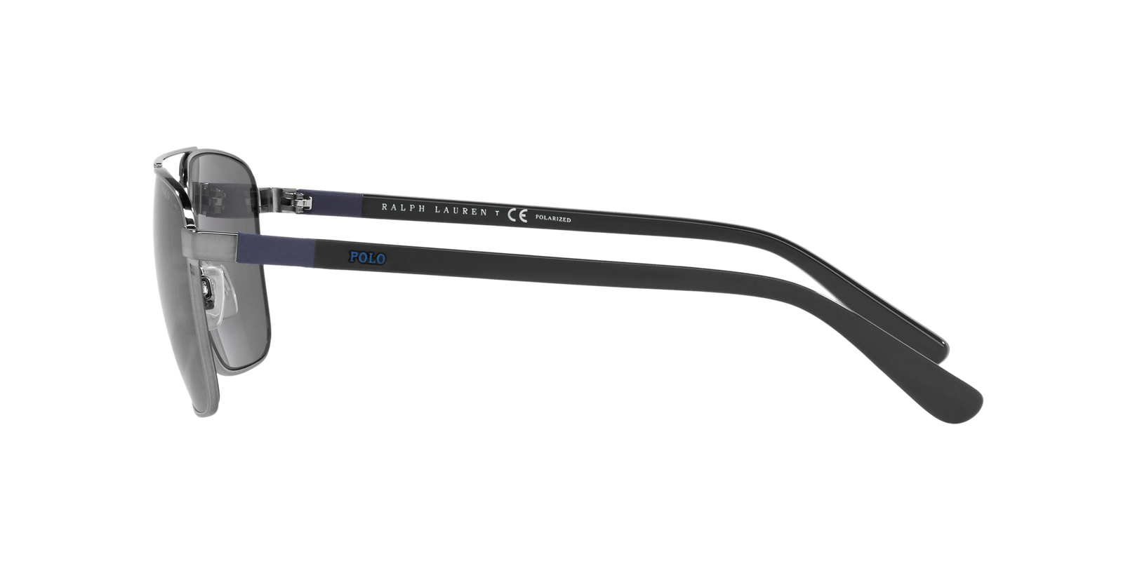Das Bild zeigt die rechteckige Sonnenbrille PH3137 900281 für Herren von der Marke Polo Ralph Lauren in grau gunmetal seitlich