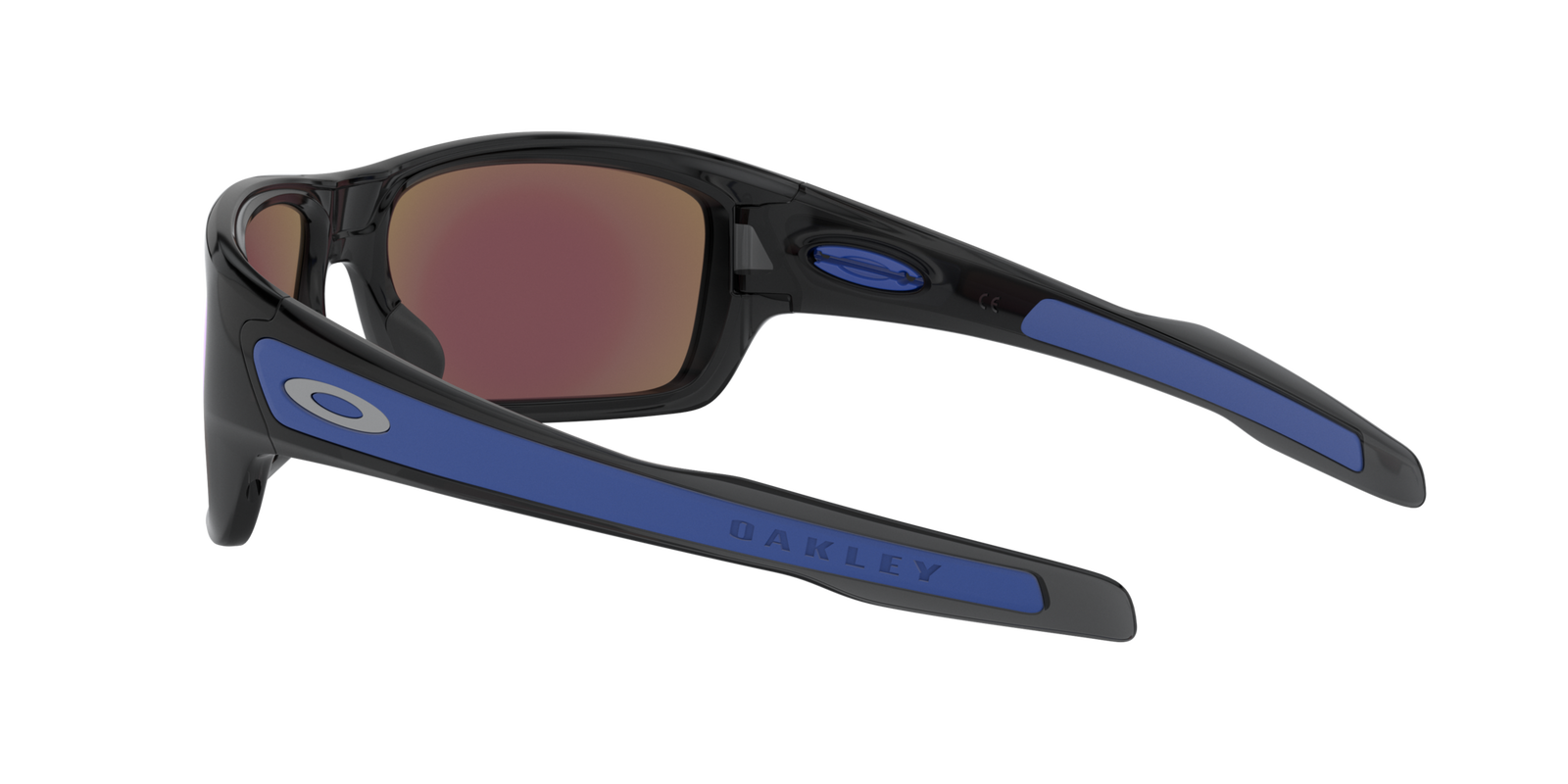 Das Bild zeigt die rechteckige Sonnenbrille OO9263 926356 Turbine für Herren von der Marke Oakley in schwarz mit blauen Prizm-Saphir-Gläsern von rechts