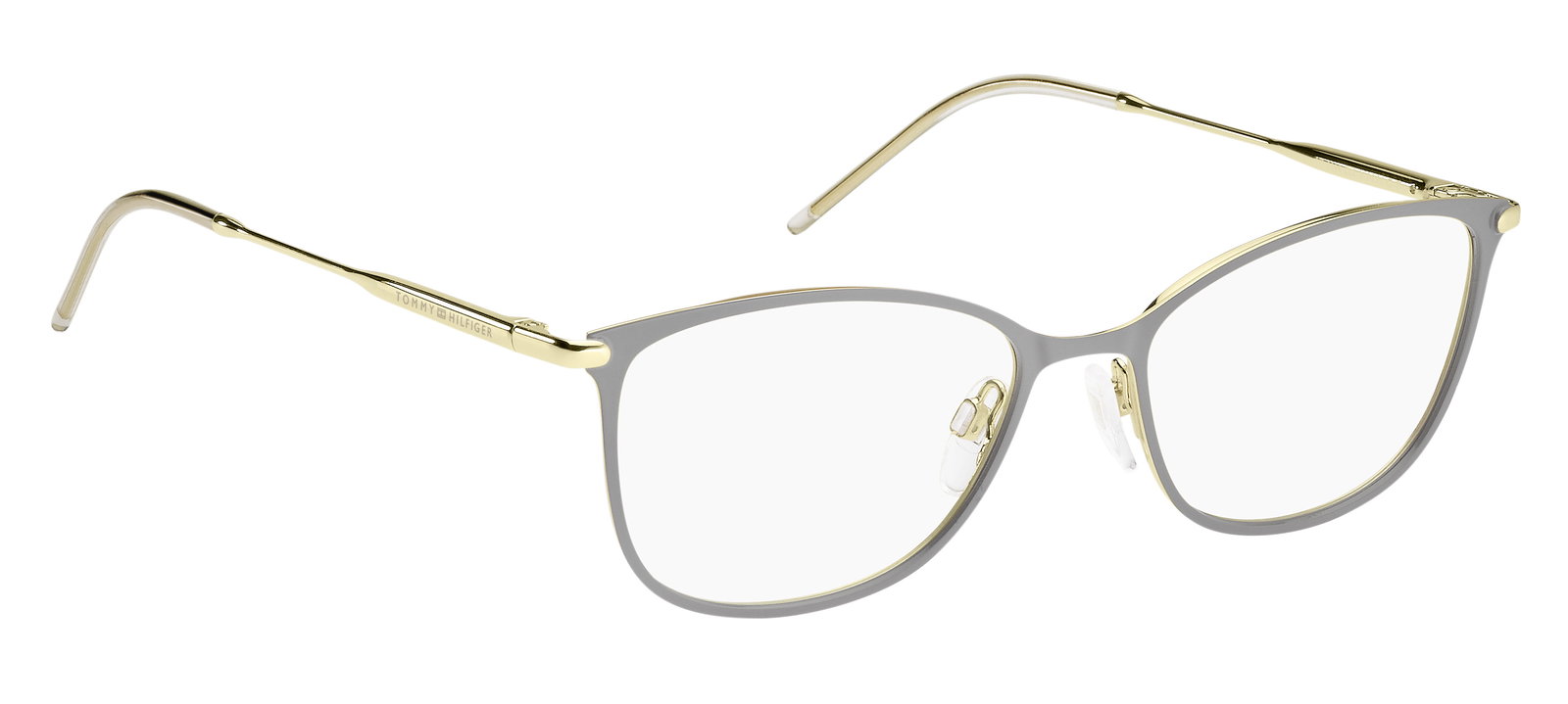 Das Bild zeigt die ovale Brille TH1637 2F7 53 für Damen von der Marke Tommy Hilfiger in gold und grau von links