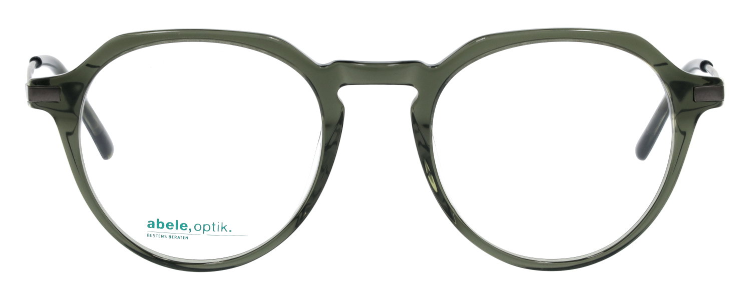 Das Bild zeigt die runde Brille 147481 für Herren von der Marke Abele Optik in dunkelgrün transparent von vorne