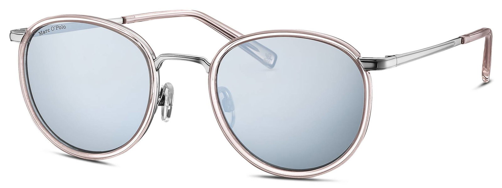 Das Bild zeigt die runde Sonnenbrille 505105 30 für Damen von der Marke Marc O'Polo in beige, grau, silber und transparent von vorne
