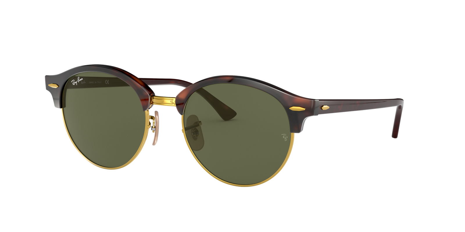 Das Bild zeigt die runde Sonnenbrille RB4246 990 für Damen von der Marke Ray-Ban in braun havanna mit grünen Gläsern von vorne
