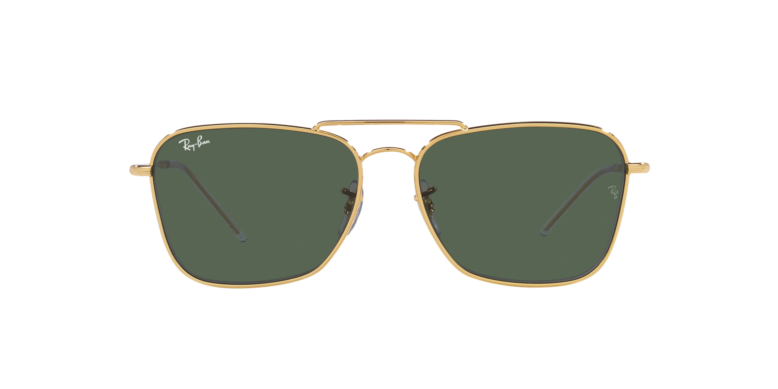 Das Bild zeigt die rechteckige Sonnenbrille Caravan Reverse 0RBR0102S 001/VR für Herren von der Marke Ray Ban in gold von vorne