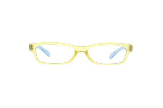 Das Bild zeigt die rechteckige Fertiglesebrille 04061 für Damen von der Marke Abele Optik in gelb blau von vorne