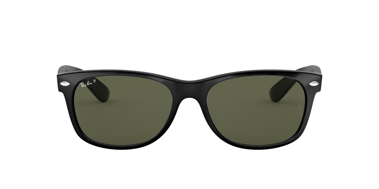 Das Bild zeigt die rechteckige Sonnenbrille Ray Ban New Wayfarer RB2132 901/58 55 für Damen von der Marke Ray-Ban in schwarz mit grünen Gläsern von vorne
