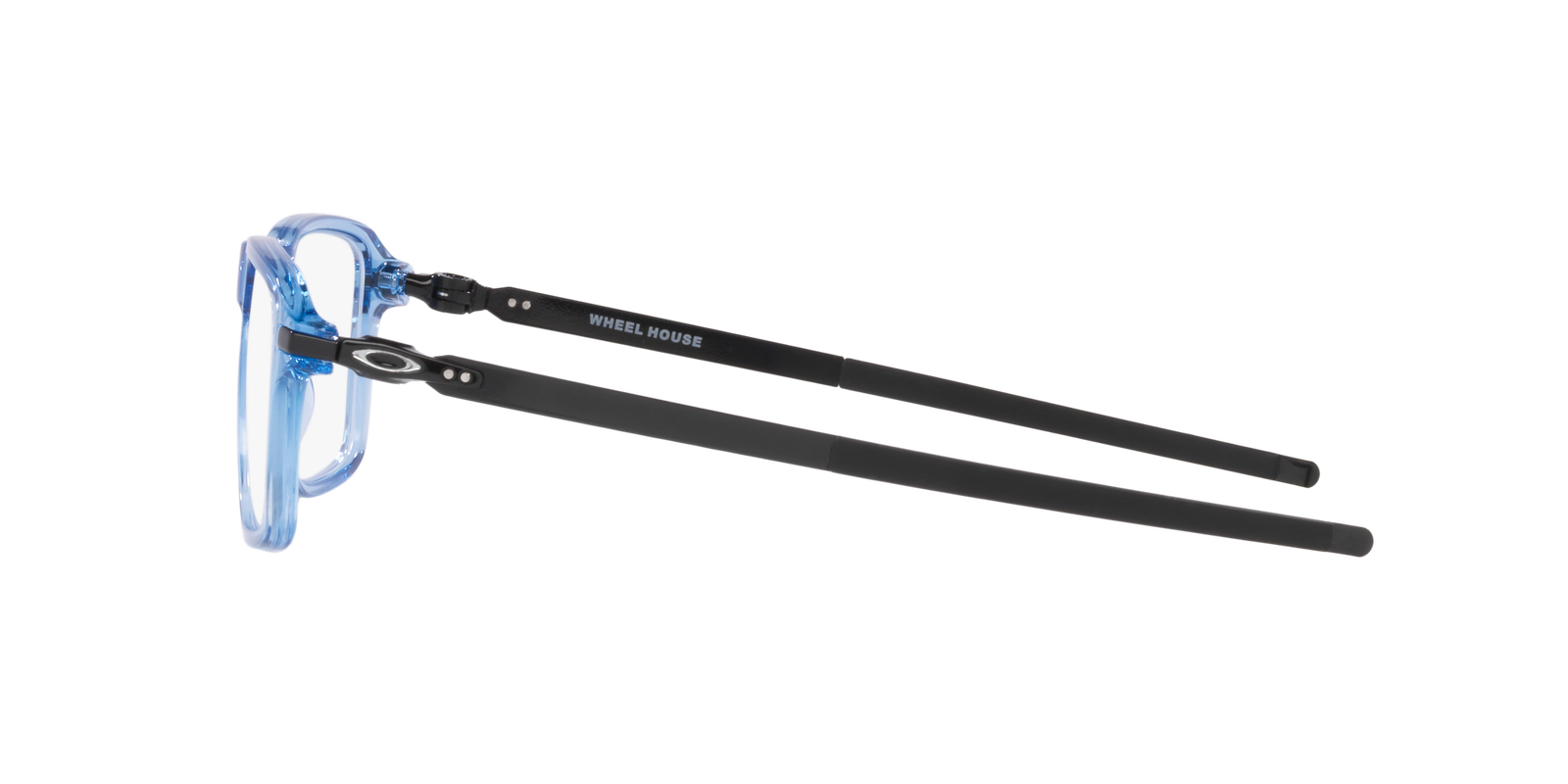 Das Bild zeigt die quadratische Brille OX8166 816606 für Herren von der Marke Oakley in blau, schwarz und transparent seitlich