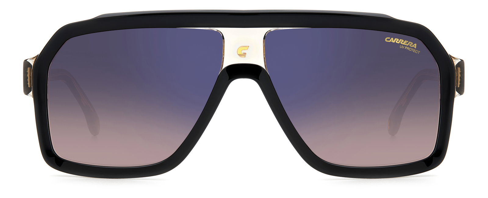 Das Bild zeigt die Pilotensonnenbrille Carrera 1053/S OWM für Herren von der Marke Carrera in schwarz beige mit blauen verspiegelten Gläsern von vorne