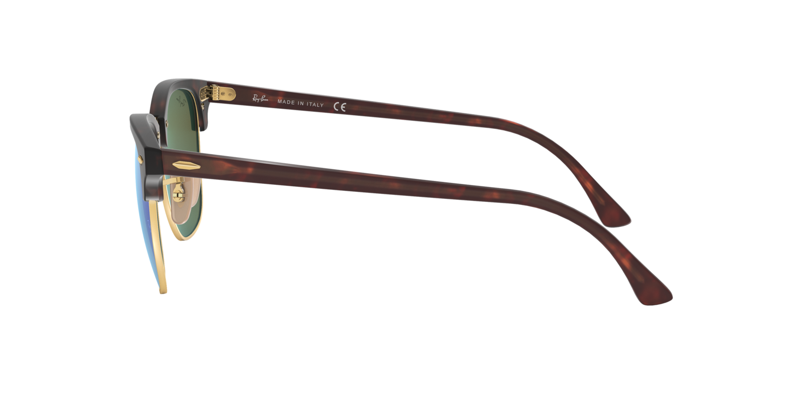 Das Bild zeigt die Browline-Sonnenbrille Clubmaster RB3016 114517 51 von der Marke Ray-Ban in havanna mit blauen verspiegelten Gläsern seitlich