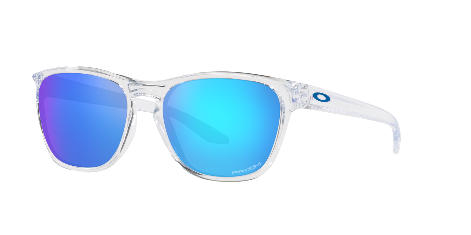 Das Bild zeigt die quadratische Sonnenbrille OO9479 947906 Manorburn für Herren von der Marke Oakley in transparent mit blauen Prizm Sapphire Gläsern von vorne