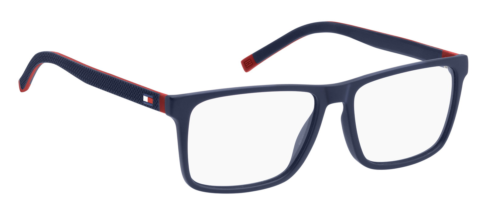 Das Bild zeigt die rechteckige Brille TH1948 FLL 55 für Herren von der Marke Tommy Hilfiger in blau matt rot von links