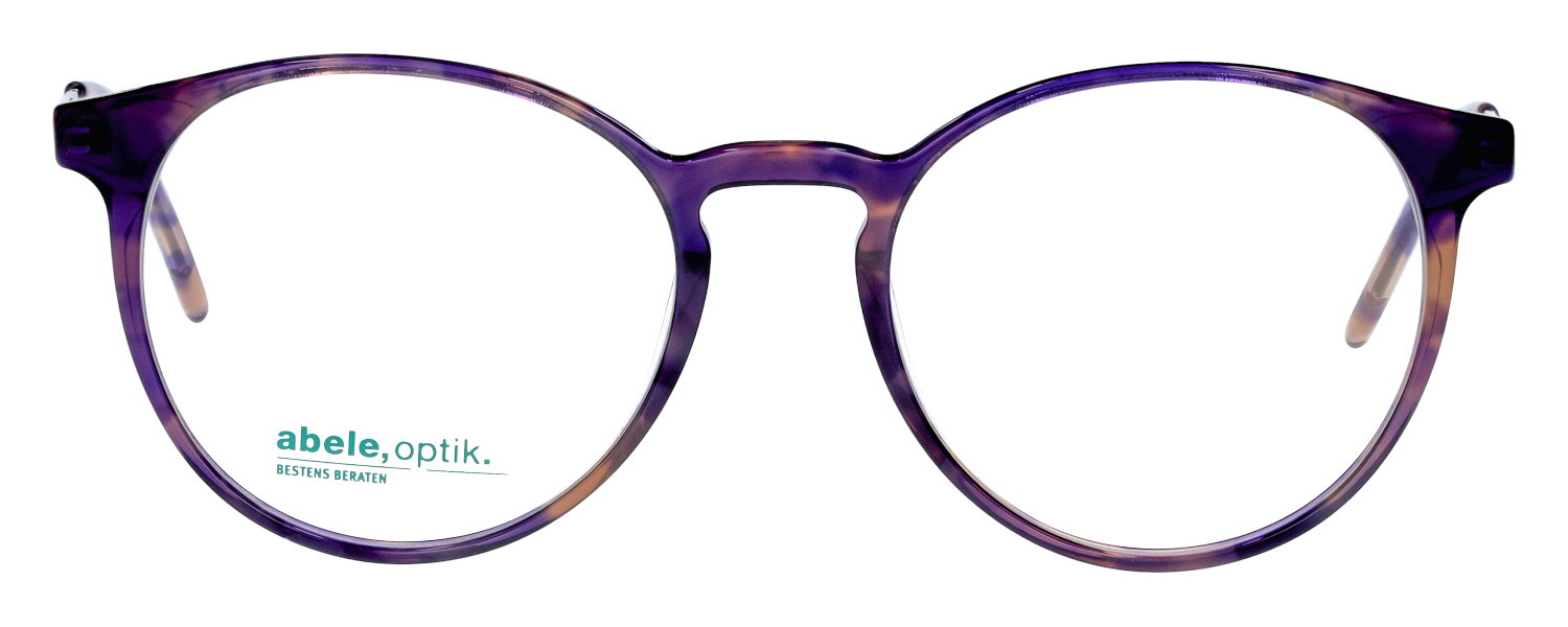 Das Bild zeigt die runde Brille 145662 für Damen von der Marke Abele Optik in lila transparent gemustert von vorne