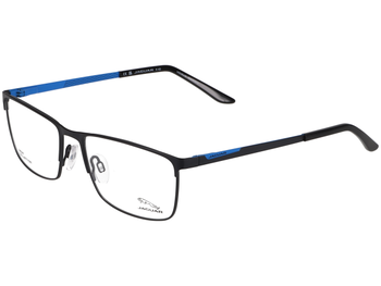 Zu sehen ist eine blau-schwarze Brille mit rechteckigen Gläsern