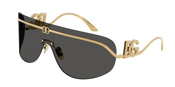 Das Bild zeigt eine schräge Ansicht der Dolce&Gabbana Sonnenbrille 2320 in Gold mit dunkelgrauer Scheibe.