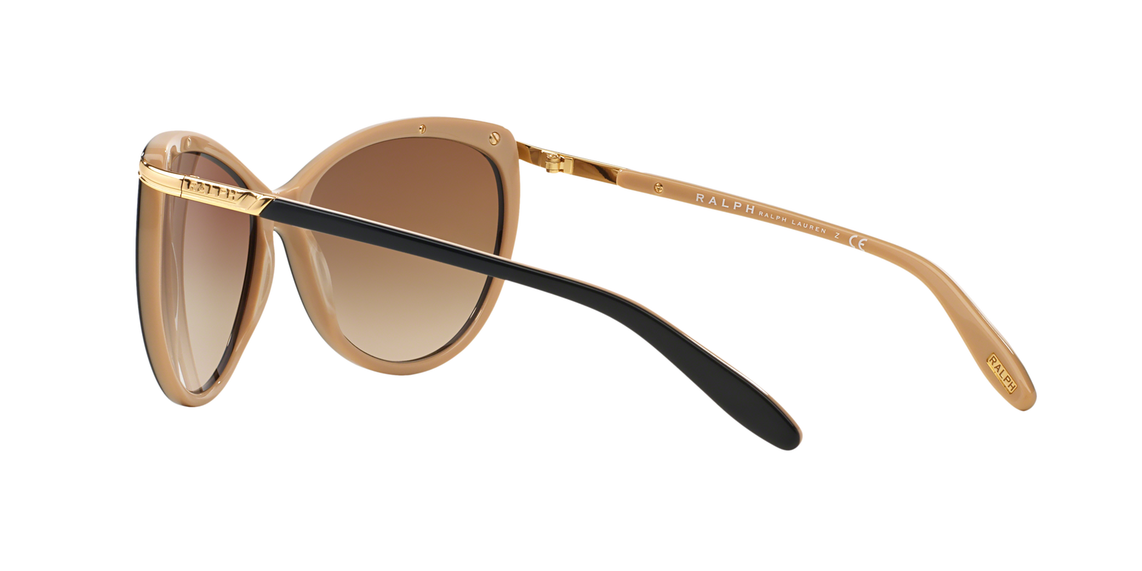 Das Bild zeigt die Cat-Eye-Sonnenbrille RA5150 für Damen von der Marke Ralph Lauren in schwarz gold schräg