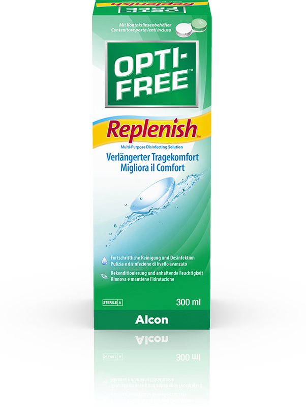 Das Bild zeigt das Pflegemittel OPTI-FREE Replenish von Alcon.