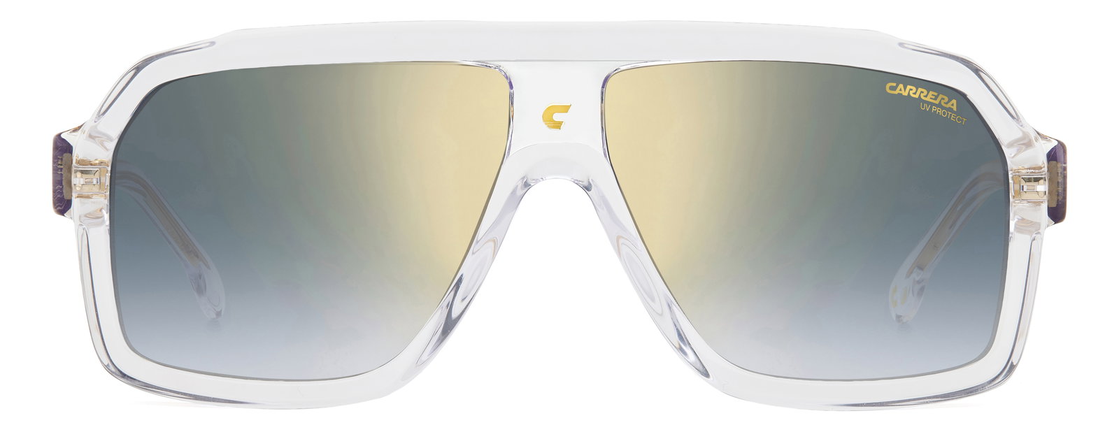 Das Bild zeigt die Pilotensonnenbrille Carrera 1053/S 900 crystal für Herren von der Marke Carrera in transparent mit blauen verspiegelten Gläsern von vorne
