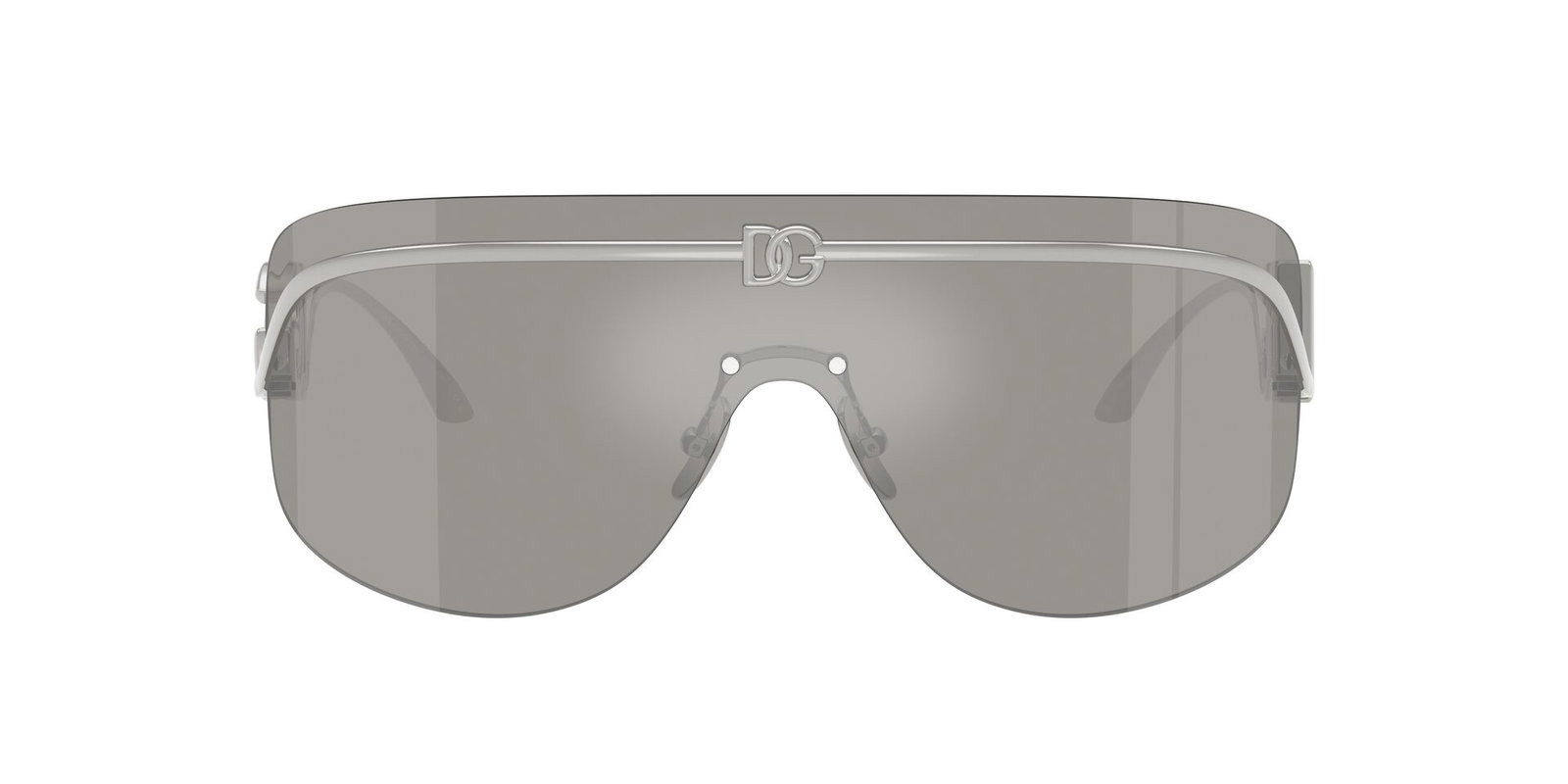 Das Bild zeigt eine Frontalansicht der Dolce&Gabbana Sonnenbrille 2320 in Silber mit grau verspiegelter Scheibe.
