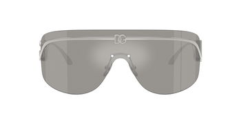 Das Bild zeigt eine Frontalansicht der Dolce&Gabbana Sonnenbrille 2320 in Silber mit grau verspiegelter Scheibe.