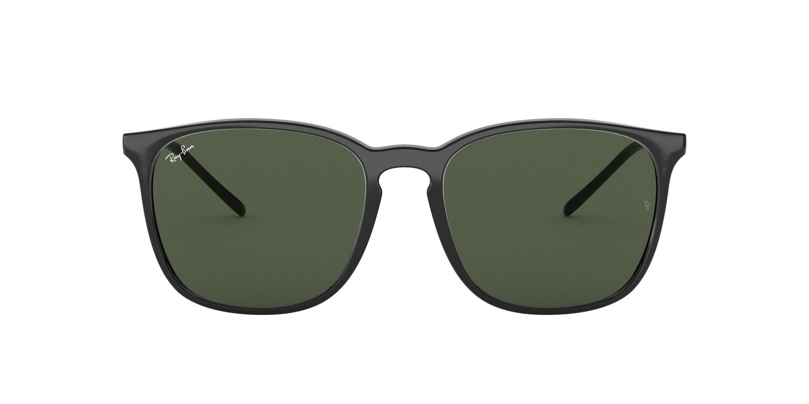 Das Bild zeigt die rechteckige Sonnenbrille RB4387 601/71 56 für Herren von der Marke Ray Ban in schwarz mit grünen Gläsern von vorne