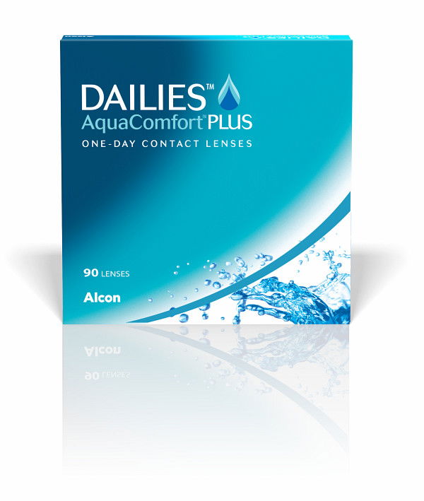 Das Bild zeigt die Verpackung der Dailies Aqua Comfort Plus Kontaktlinse.