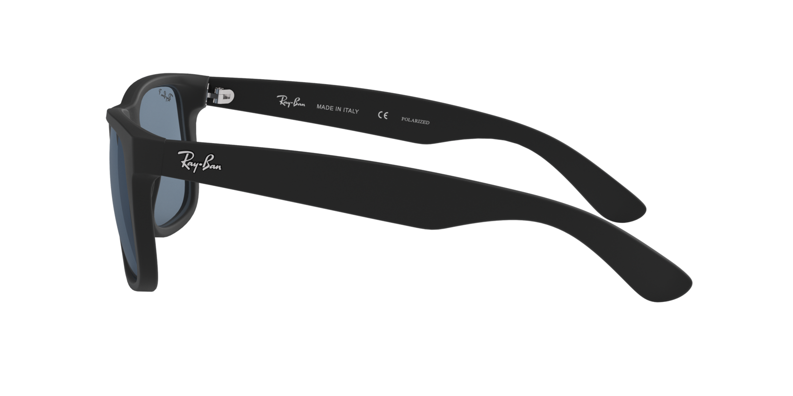 Das Bild zeigt die rechteckige Sonnenbrille Justin RB4165 622/2V 55 für Herren von der Marke Ray-Ban in schwarz mit blauen Gläsern seitlich