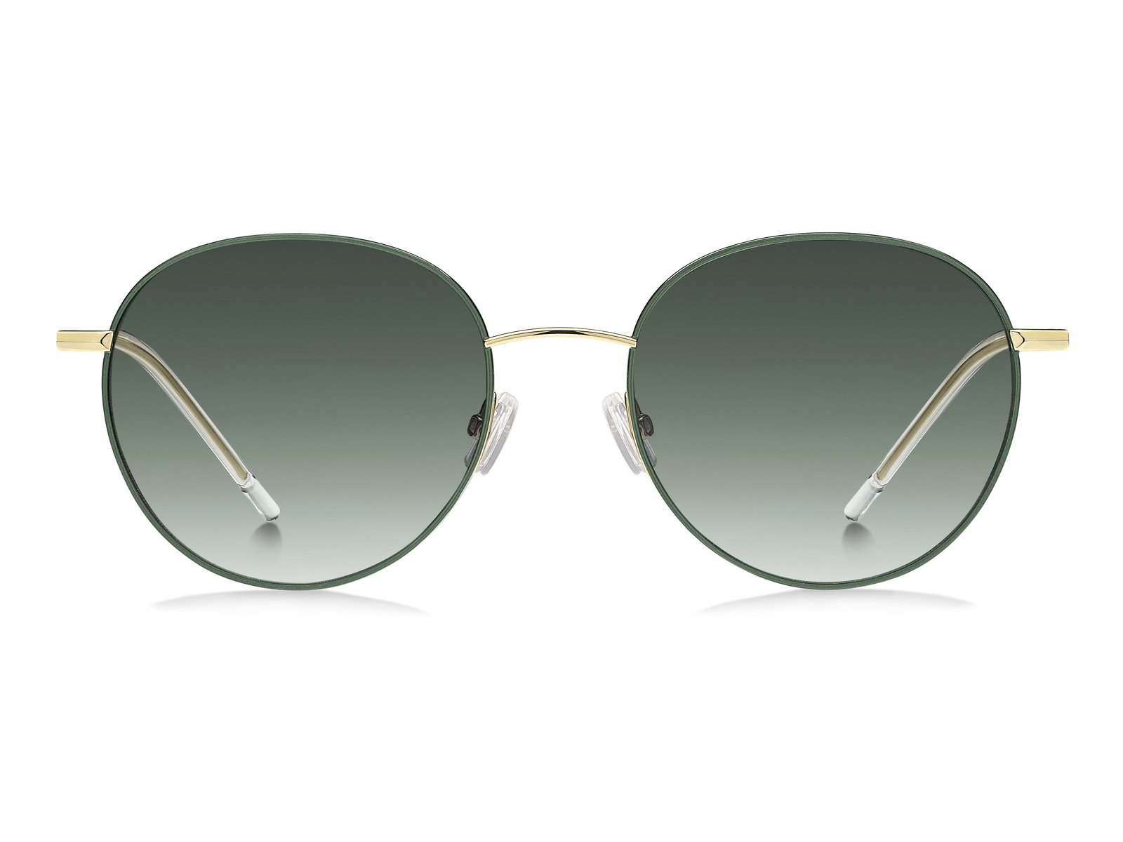 Das Bild zeigt die schmale runde Sonnenbrille Boss 1395/S PEF für Damen von der Marke Boss in gold mit grünen Gläsern von vorne