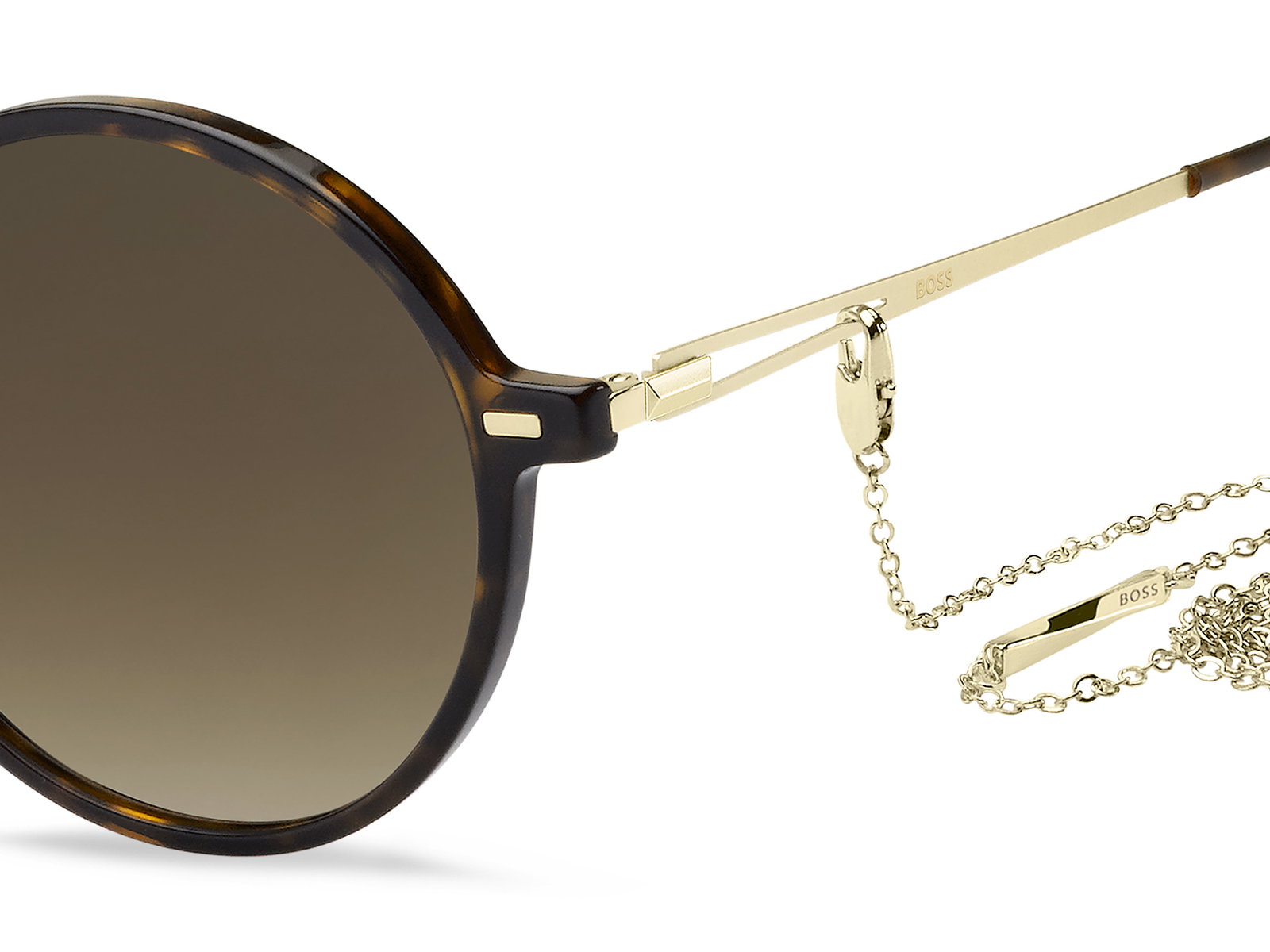 Das Bild zeigt die runde Sonnenbrille Boss 1389/S 086 für Damen von der Marke Boss in braun havanna mit Kettendetail von rechts