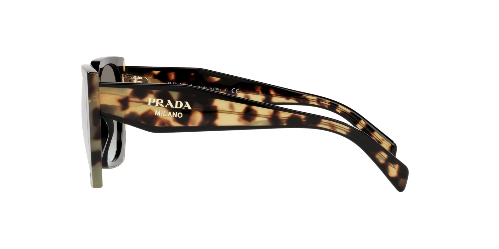 Das Bild zeigt die rechteckige Sonnenbrille PR 15WS für Damen von der Marke Prada in schwarz havanna seitlich