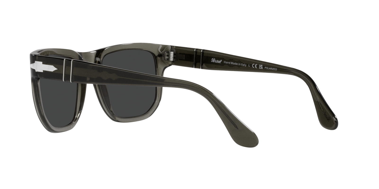 Das Bild zeigt die ovale Sonnenbrille PO3306S 110348 von Persol für Herren in grau transparent von rechts
