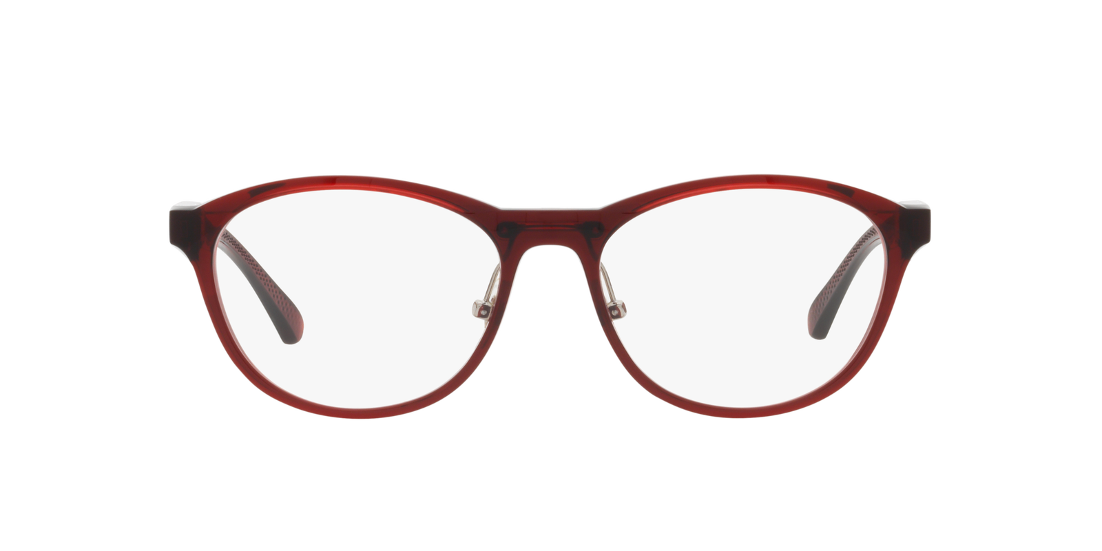 Das Bild zeigt die runde Brille OX8057 805703 für Damen von der Marke Oakley in rot transparent von vorne