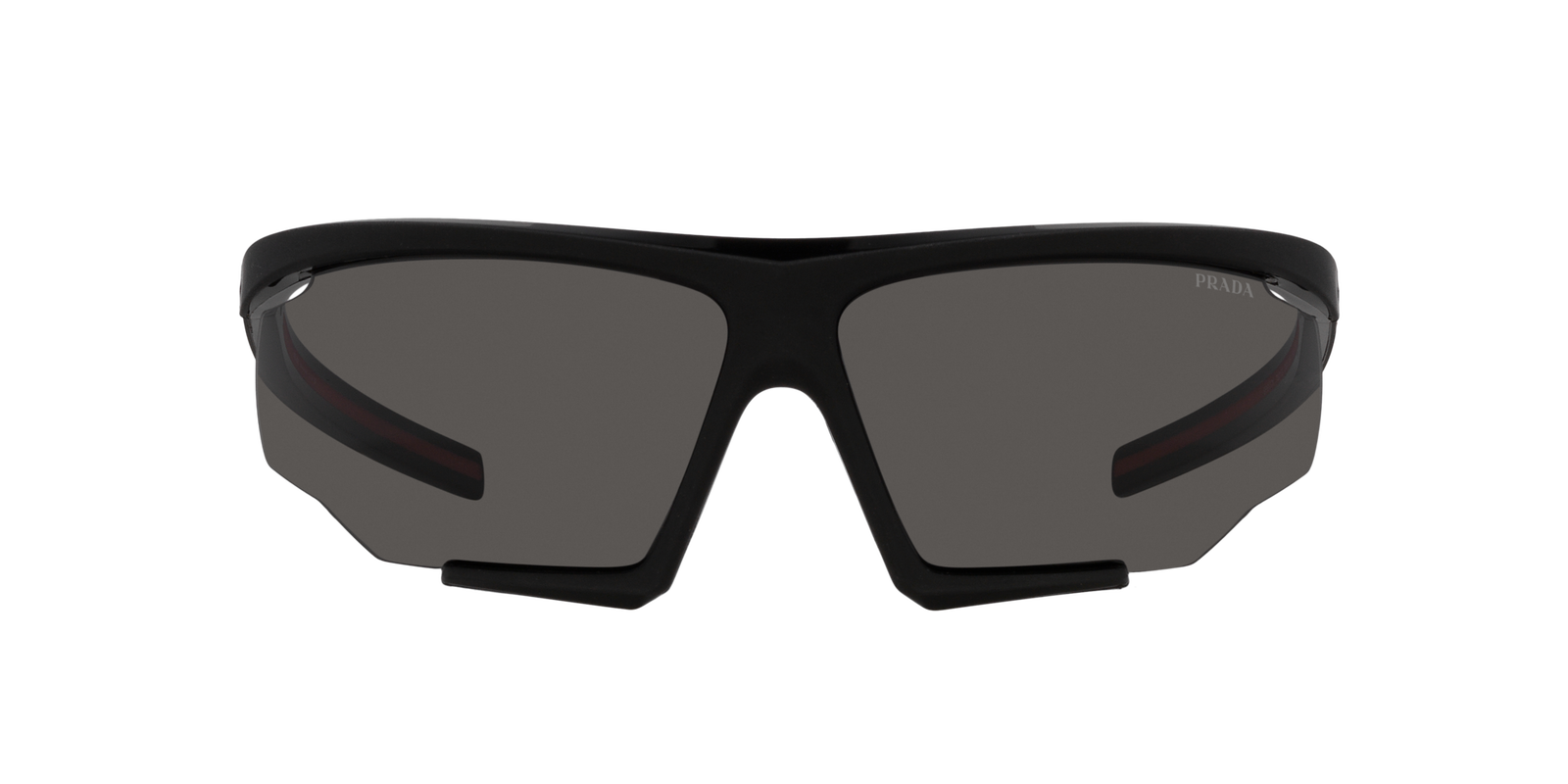 Das Bild zeigt die rechteckige Sonnenbrille Prada Linea Rossa PS 07YS DG006F 76 für Herren von der Marke Prada Linea Rossa in matt schwarz von vorne