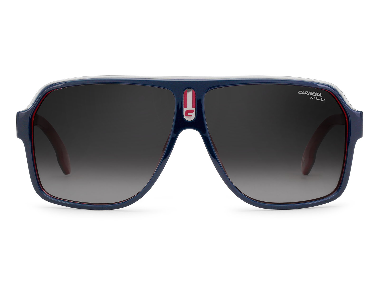 Das Bild zeigt die Pilotensonnenbrille Carrera 1001/S 8RU für Herren von der Marke Carrera in blau, rot von vorne