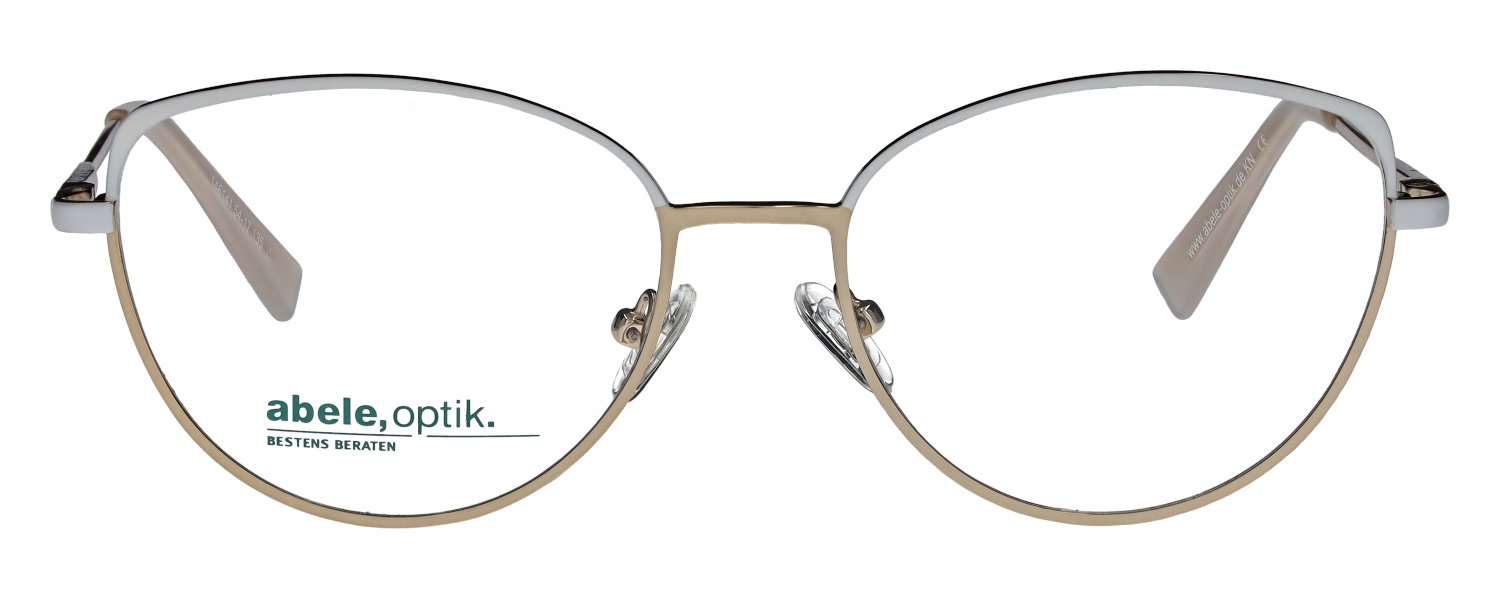 Das Bild zeigt die Cat-Eye-Brille 146141 für Damen von der Marke Abele Optik in gold weiß von vorne