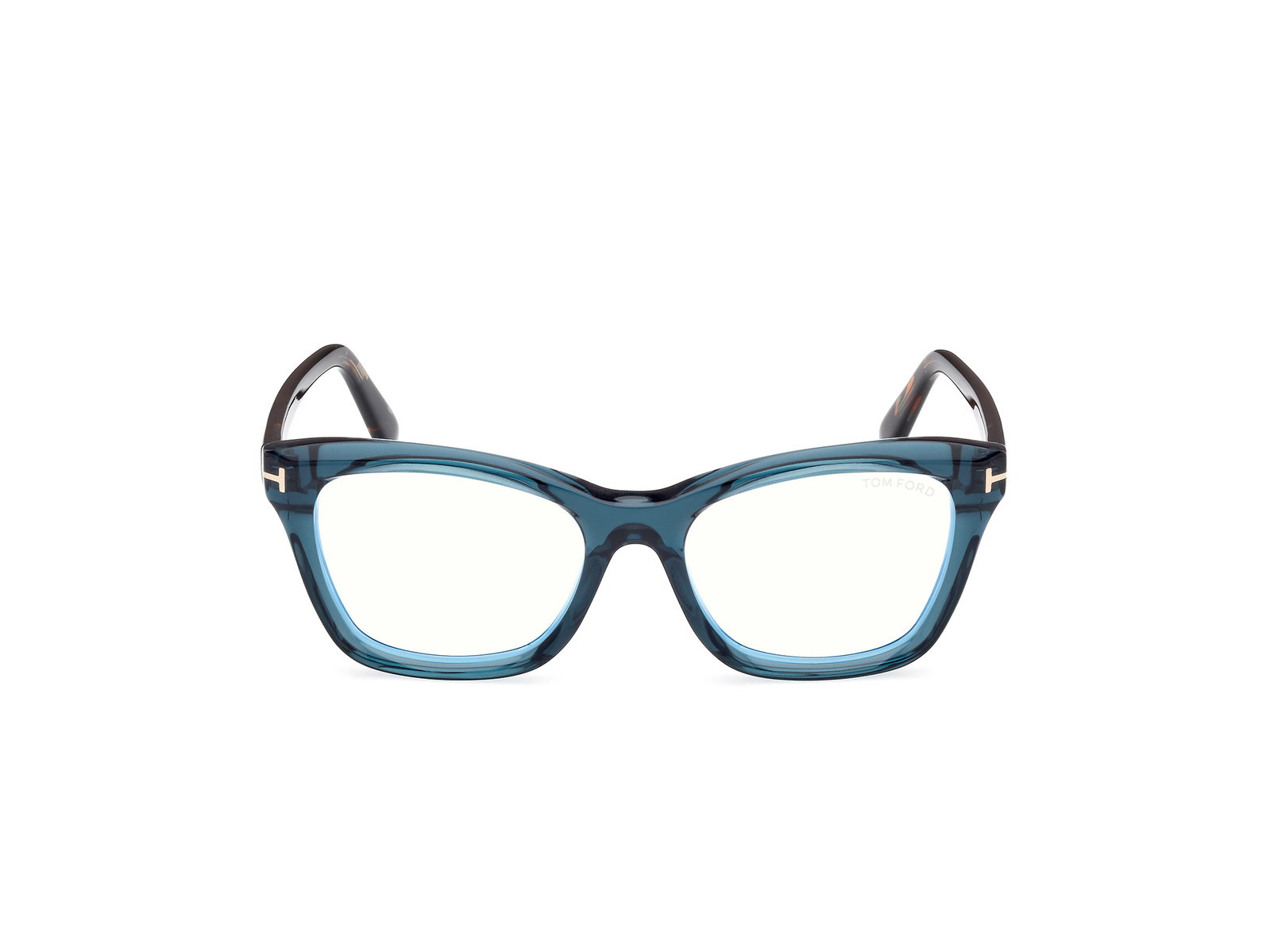 Das Bild zeigt die Cat-Eye-Brille FT5909-B 092 für Damen von der Marke Tom Ford in braun grün havanna türkis von vorne
