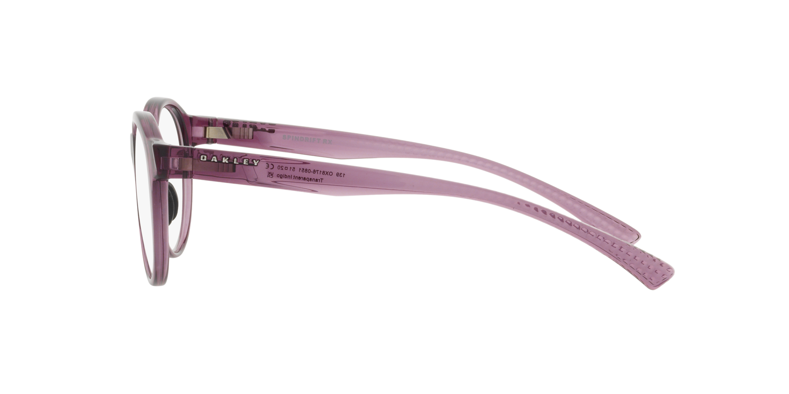 Das Bild zeigt die runde Brille OX8176 817608 49 für Damen von der Marke Oakley in lila transparent seitlich