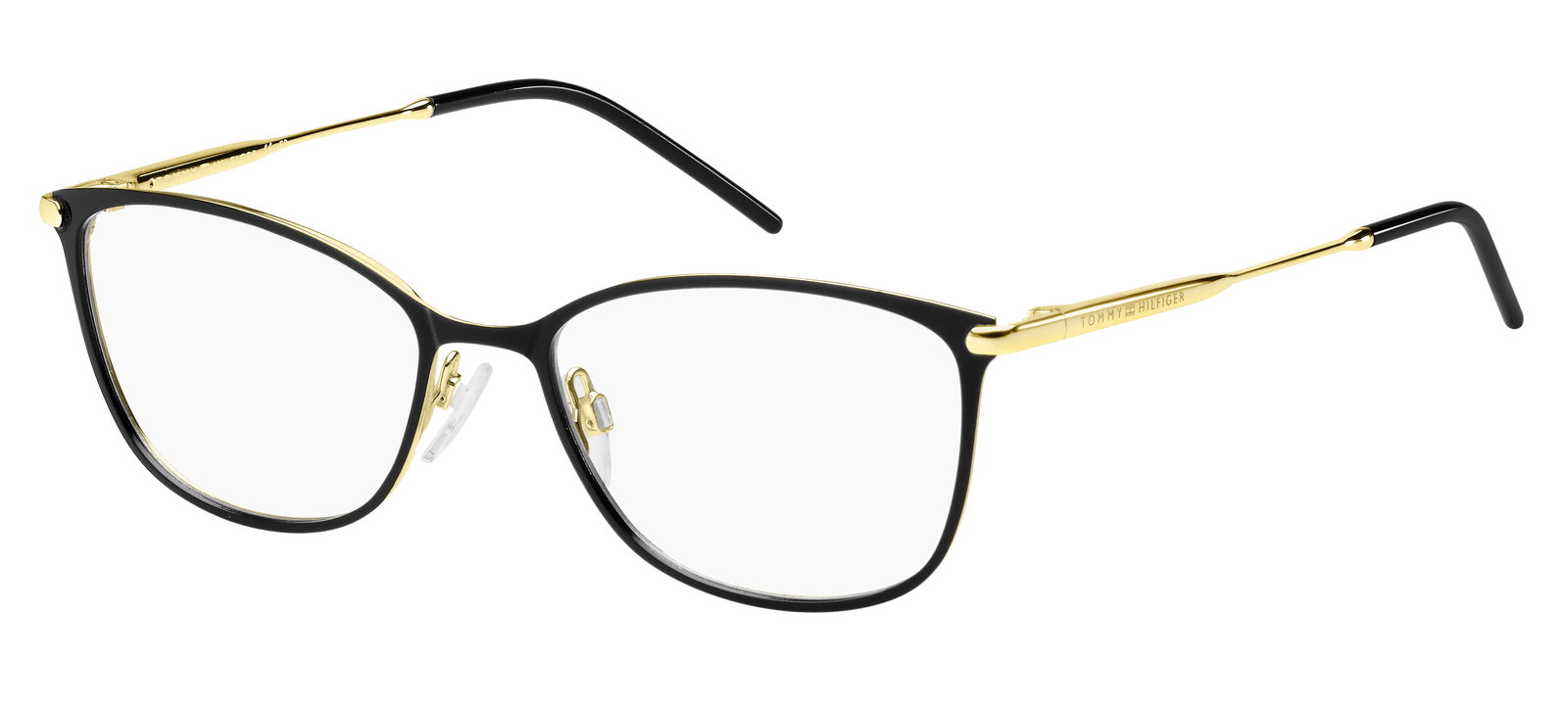 Das Bild zeigt die ovale Brille TH1637 2M2 53 für Damen von der Marke Tommy Hilfiger in schwarz gold von vorne