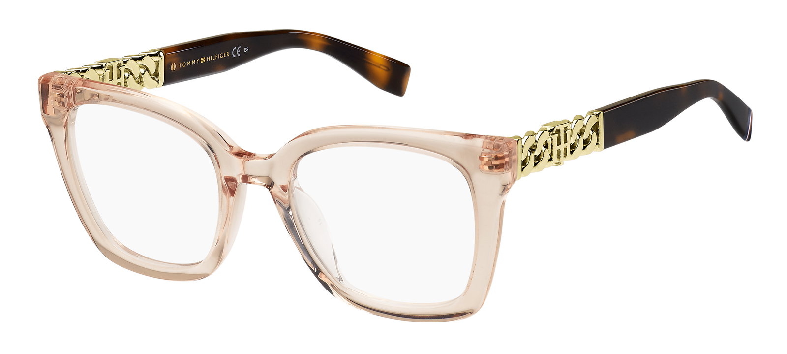 Das Bild zeigt die Cat-Eye-Brille TH1906 für Damen von der Marke Tommy Hilfiger in gold, pink, schwarz von vorne