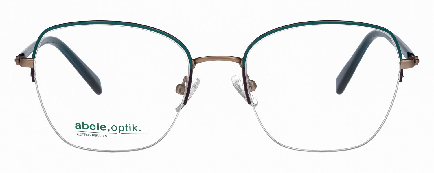 Das Bild zeigt die rechteckige Brille 147111 für Damen von der Marke Abele Optik in bronze, gold, grün, türkis von vorne