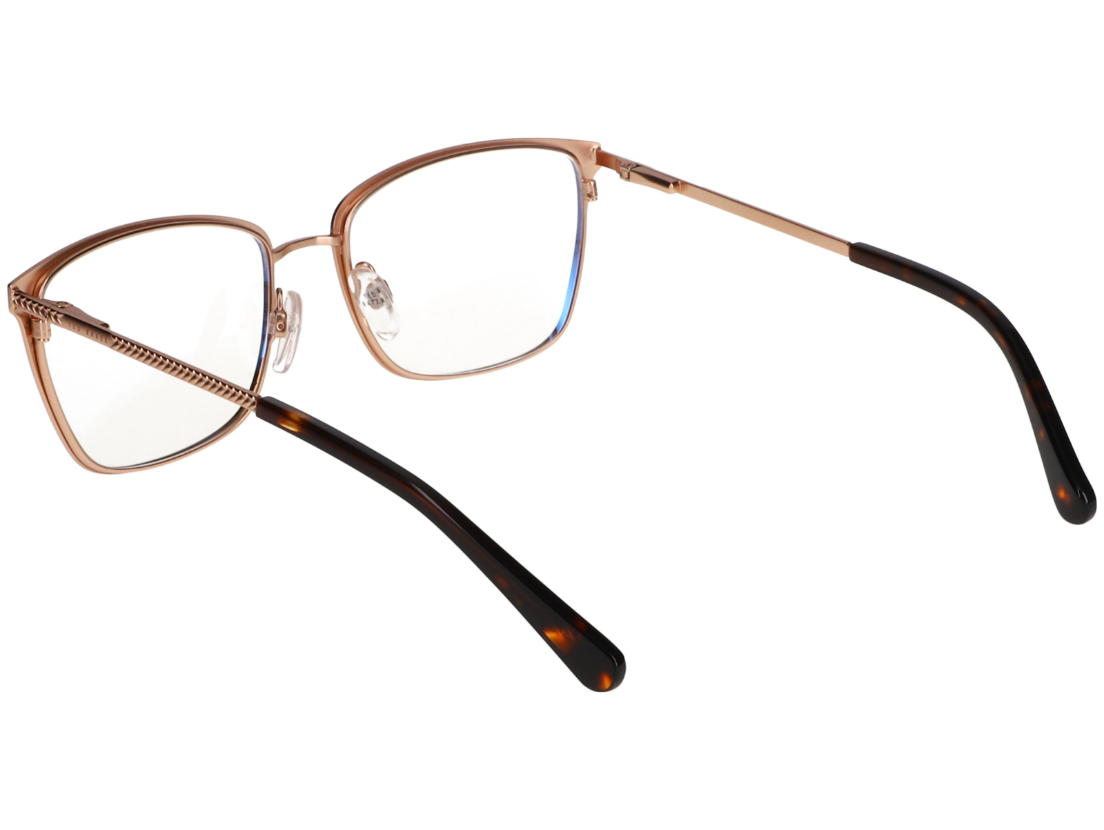Das Bild zeigt die rechteckige Brille Ted Baker 2313 001 52 für Damen von der Marke Ted Baker in gold schwarz schräg
